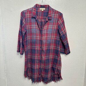 Cloth & Stone Women S Red Plaid Raw Hem 3/4 Sleeve Button Down Shirt Dress Tunic